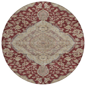 8' Red Beige And Brown Round Oriental Washable Indoor Outdoor Area Rug