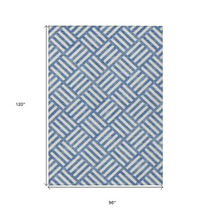 8' X 10' Blue And Ivory Geometric Washable Indoor Outdoor Area Rug