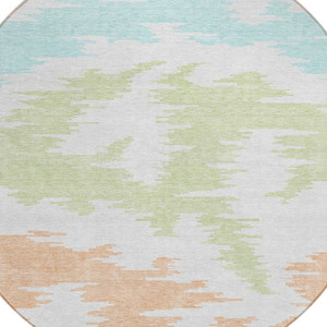8' White Sky Blue And Artichoke Green Round Abstract Washable Indoor Outdoor Area Rug