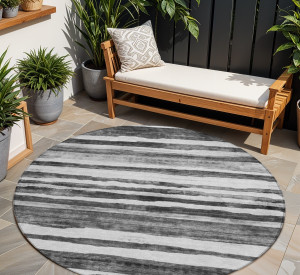 8' Charcoal And Gray Round Striped Washable Indoor Outdoor Area Rug - Charcoal, Gray