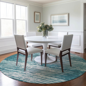 8' Teal Blue And Ivory Round Striped Washable Indoor Outdoor Area Rug - 608219214296