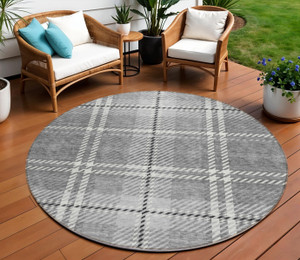 8' Gray Black And Ivory Round Plaid Washable Indoor Outdoor Area Rug
