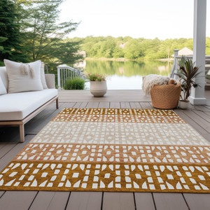 8' X 10' Orange Beige And Ivory Geometric Washable Indoor Outdoor Area Rug