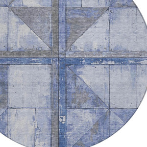 8' Denim Blue And Gray Round Geometric Washable Indoor Outdoor Area Rug