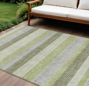 8' X 10' Artichoke Green And Ivory Striped Washable Indoor Outdoor Area Rug - Artichoke Green, Ivory