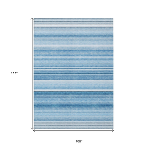 9' X 12' Blue Striped Washable Non Skid Indoor Outdoor Area Rug
