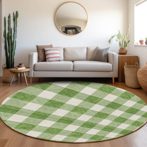 8' Green And Gray Round Plaid Washable Indoor Outdoor Area Rug