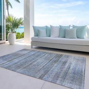 9' X 12' Denim Blue And Sky Blue Striped Washable Indoor Outdoor Area Rug