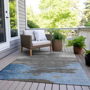 8' X 10' Denim Blue And Gray Abstract Washable Indoor Outdoor Area Rug - 880016681475