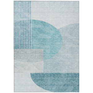 9' X 12' Teal Blue And Silver Geometric Washable Indoor Outdoor Area Rug