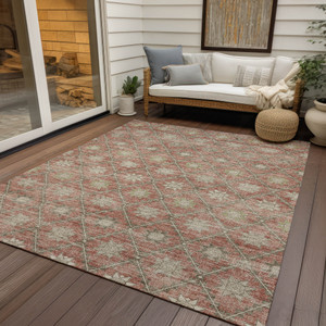 9' X 12' Terra Cotta And Beige Floral Washable Indoor Outdoor Area Rug
