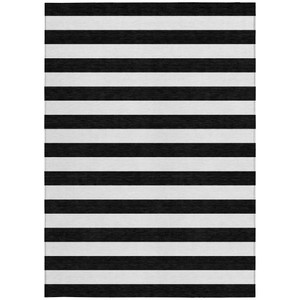 9' X 12' Black and White Striped Washable Non Skid Indoor Outdoor Area Rug