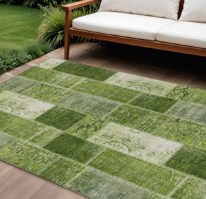 10' X 14' Olive Green And Artichoke Green Patchwork Washable Indoor Outdoor Area Rug