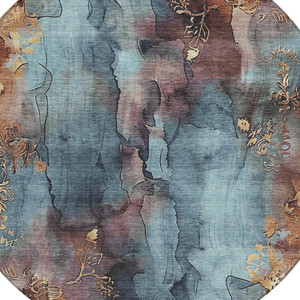 8' Blue And Gold Round Floral Washable Indoor Outdoor Area Rug