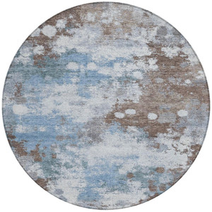 8' Brown And Sky Blue Round Abstract Washable Indoor Outdoor Area Rug