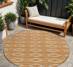 8' Copper And Ivory Round Geometric Washable Indoor Outdoor Area Rug