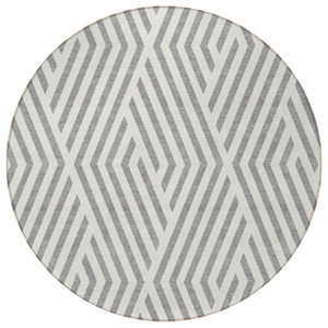 8' Gray And Ivory Round Geometric Washable Indoor Outdoor Area Rug