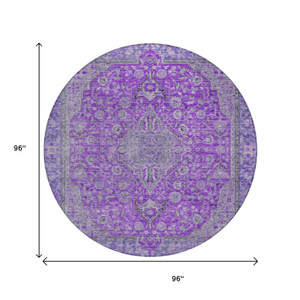 8' Purple And Gray Round Medallion Washable Indoor Outdoor Area Rug