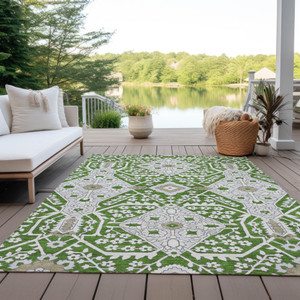 10' X 14' Green Gray And Taupe Floral Washable Indoor Outdoor Area Rug