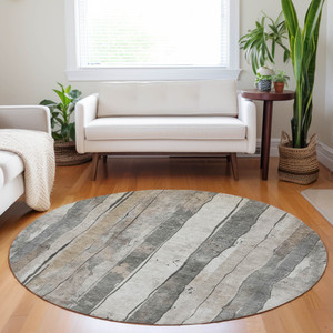 8' Beige And Gray Round Striped Washable Indoor Outdoor Area Rug - Beige, Gray