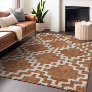 9' X 12' Brown And Ivory Geometric Washable Indoor Outdoor Area Rug Transitional Style - Brown, Ivory Color