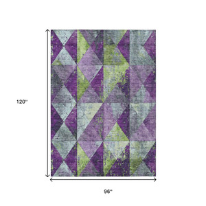 8' X 10' Purple And Lime Green Geometric Washable Indoor Outdoor Area Rug