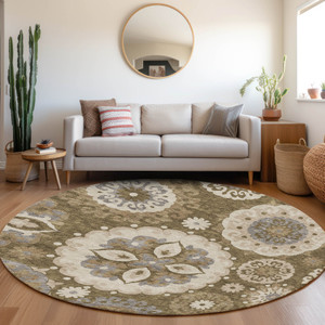 8' Brown Ivory And Beige Round Floral Medallion Washable Indoor Outdoor Area Rug