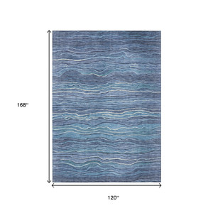 10' X 14' Denim Blue And Sky Blue Abstract Washable Indoor Outdoor Area Rug - 880016547726