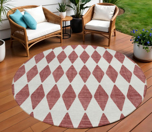 8' Burgundy Round Geometric Washable Indoor Outdoor Area Rug
