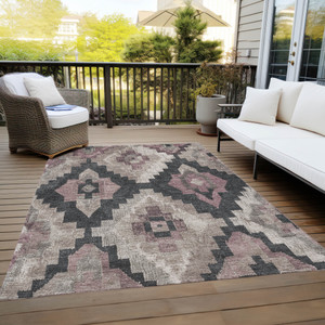 8' X 10' Taupe And Charcoal Aztec Washable Indoor Outdoor Area Rug