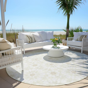 8' Ivory Beige And Taupe Round Floral Medallion Washable Indoor Outdoor Area Rug