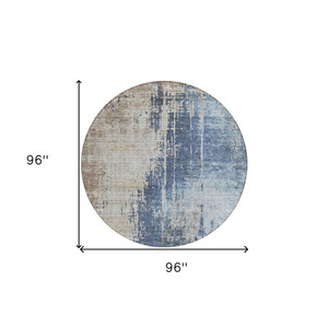 8' Navy Blue And Taupe Round Abstract Washable Indoor Outdoor Area Rug