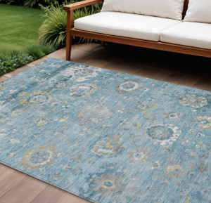 8' X 10' Teal Blue And Aqua Floral Washable Indoor Outdoor Area Rug - Teal Blue, Aqua