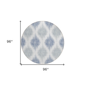 8' Sky Blue Ivory And Denim Blue Round Ikat Washable Indoor Outdoor Area Rug