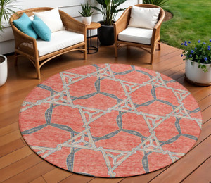 8' Coral And Taupe Round Geometric Washable Indoor Outdoor Area Rug