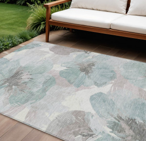 10' X 14' Blue And Sage Floral Washable Indoor Outdoor Area Rug