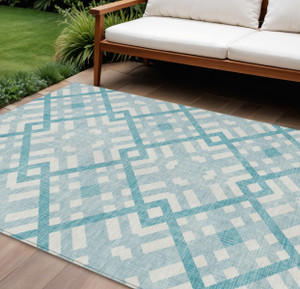 8' X 10' Teal Blue Aqua And Ivory Geometric Washable Indoor Outdoor Area Rug