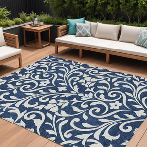 8' X 10' Navy Blue And Ivory Floral Washable Indoor Outdoor Area Rug