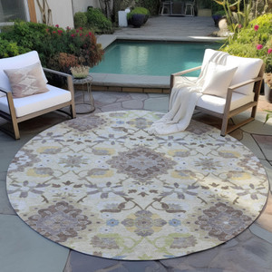8' Ivory Brown And Green Round Oriental Washable Indoor Outdoor Area Rug