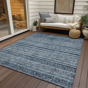 10' X 14' Blue And Gray Oriental Washable Indoor Outdoor Area Rug
