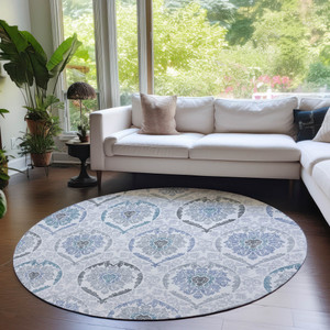 8' Gray And Denim Blue Round Medallion Washable Indoor Outdoor Area Rug