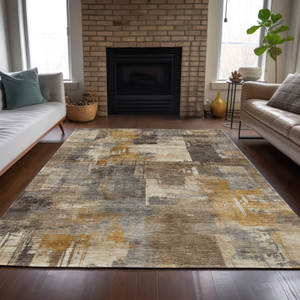 9' X 12' Brown Beige And Charcoal Abstract Washable Indoor Outdoor Area Rug