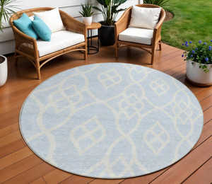 8' Sky Blue And Ivory Round Trellis Washable Indoor Outdoor Area Rug