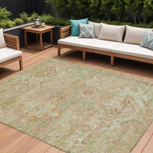 8' X 10' Salmon Fern Green And Beige Floral Medallion Washable Indoor Outdoor Area Rug