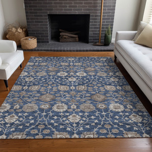 10' X 14' Navy Blue Brown And Beige Floral Washable Indoor Outdoor Area Rug