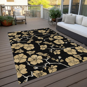 10' X 14' Black And Gold Floral Washable Indoor Outdoor Area Rug