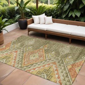 8' X 10' Green And Terra Cotta Southwestern Washable Indoor Outdoor Area Rug