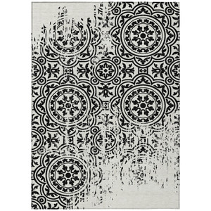 9' X 12' Black And Ivory Medallion Washable Indoor Outdoor Area Rug