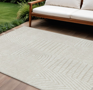 9' X 12' Ivory And Beige Geometric Washable Indoor Outdoor Area Rug Transitional Style - Ivory, Beige Color