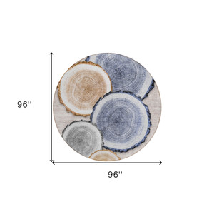 8' Round Beige Blue and Gold Round Faux Bois Washable Non Skid Indoor Outdoor Area Rug